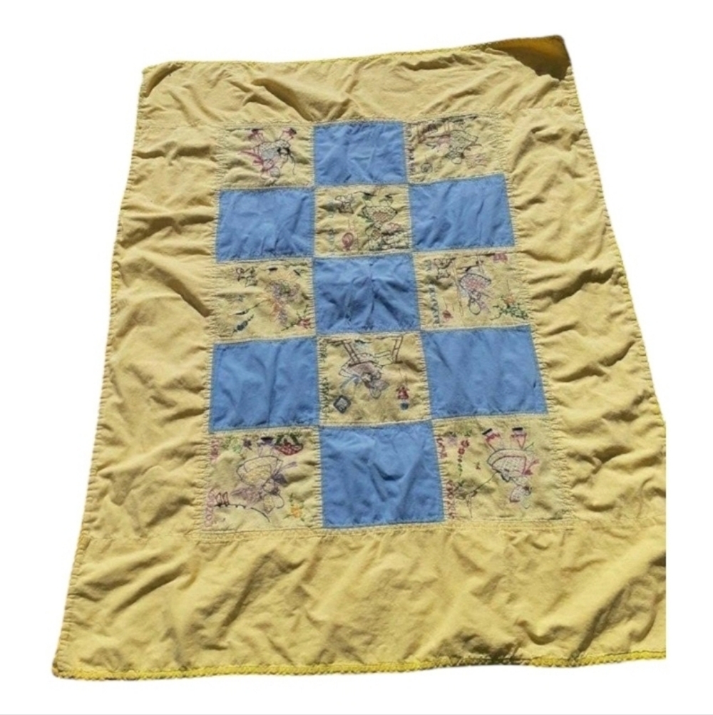 Vtg Hand Embroidered Sun Bonnet Sue Baby Quilt 1950s yellow blue